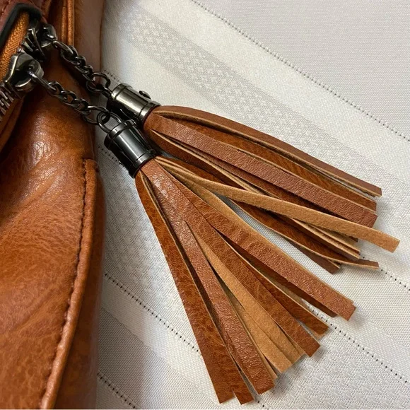 Sam and Hadley Studded & Tassel Womens Cognac Faux Leather CrossbodyBag EUC